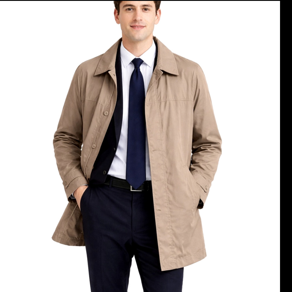 J. Crew XL Water Repellant MAC Rain Jacket $248 Button Front Trench Coat Tan
